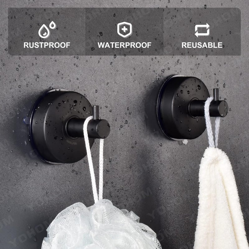 OHOM Suction Cup Hooks Shower Towel Holder Stainless Steel Vacuum Bathroom Shower Hook Suction Towel Rack Kitchen Organizer for Bathrobe Loofah Matte Black 2Pcs - Image 3